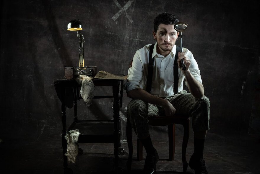 Portrait of a man seated on a chair in a room, holding a magnifying glass on a long handle in his hand and looking straight ahead, a small table to his right with a desk lamp on it.