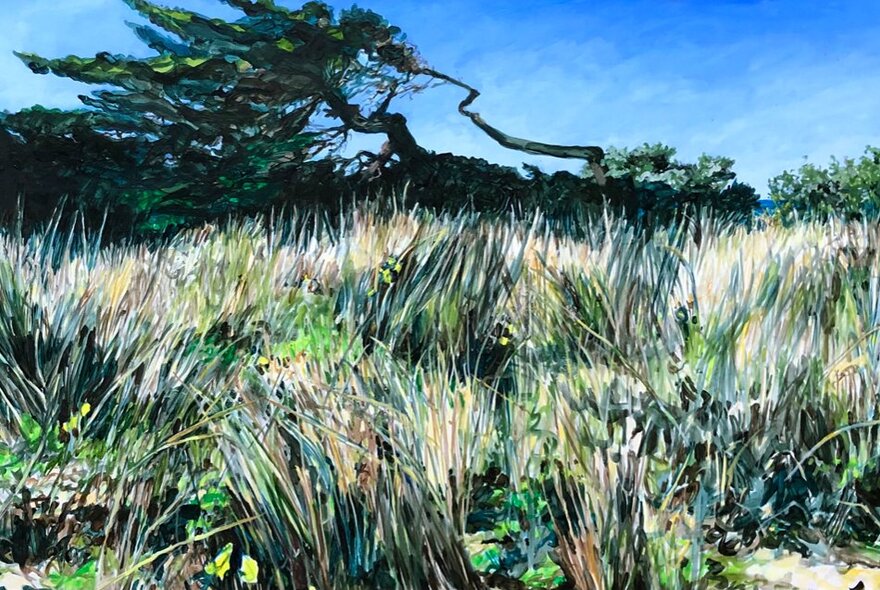 Oil painting of windswept coastal trees with native grasses in the foreground. 