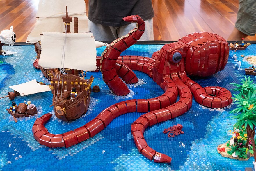 A pirate ship and giant octopus made from Lego bricks.