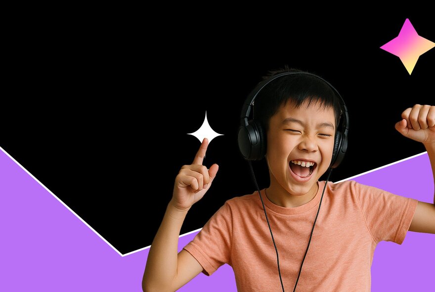 A child enjoying music and dancing while wearing large black headphones, a graphic background of purple and black with stars. 