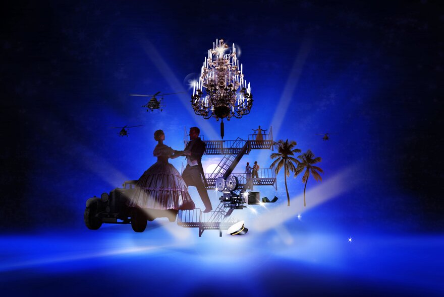 A blue image with a couple dancing, a chandelier, a staircase, palm tress and other symbols from musicals.