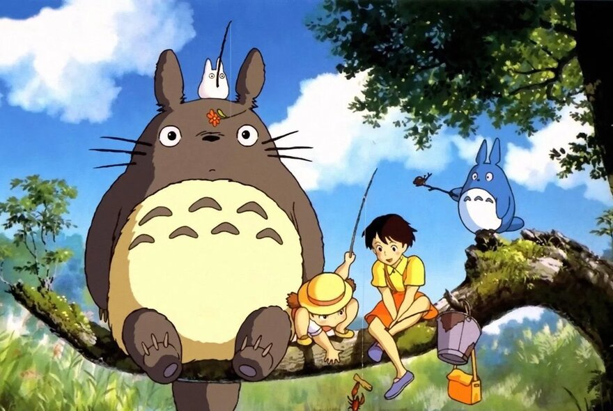 A still from a Studio Ghibli animated film of two children and two large and gentle-looking creatures sitting on the branch of a tree.