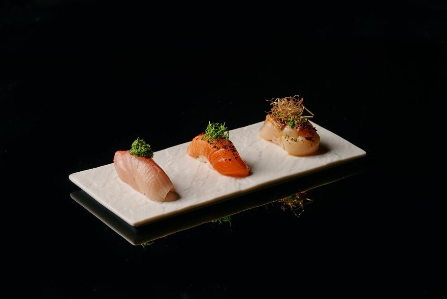 Three elegant sushi items on a white plate.