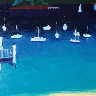 An oil painting on canvas capturing a serene harbour view with white boats on the blue water.