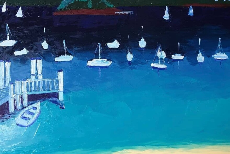 An oil painting on canvas capturing a serene harbour view with white boats on the blue water.