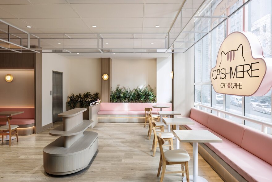 Interior of a cat cafe with pink banquettes.