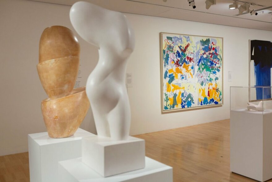 Examples of Hans Arp sculptures presented on white pedestals in a gallery setting.