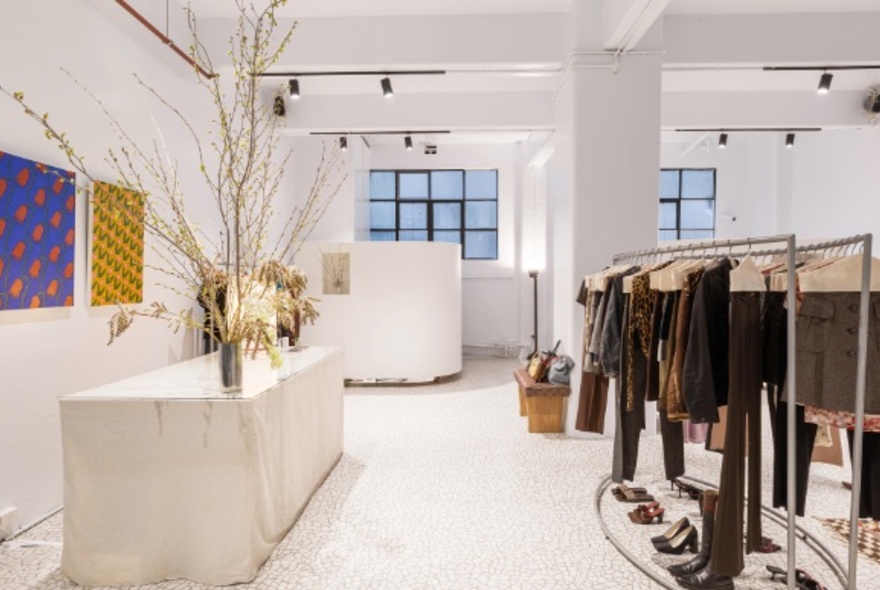 Inside of a designer clothing store with garments hanging on a rack.