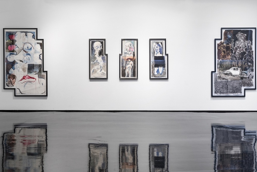 A selection of Ben Quilty's paintings from his exhibition, Trinkets, displayed on a white gallery wall and reflected on the shiny black floor.