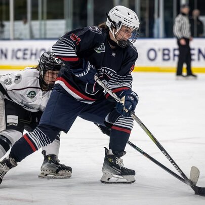 Ice hockey players on the ice during a match.