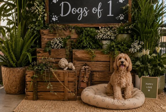 A golden-coloured fluffy dog sits upright on a dog bed in front of stacked wooden crates and foliage, with a sign above reading Dogs of 1.