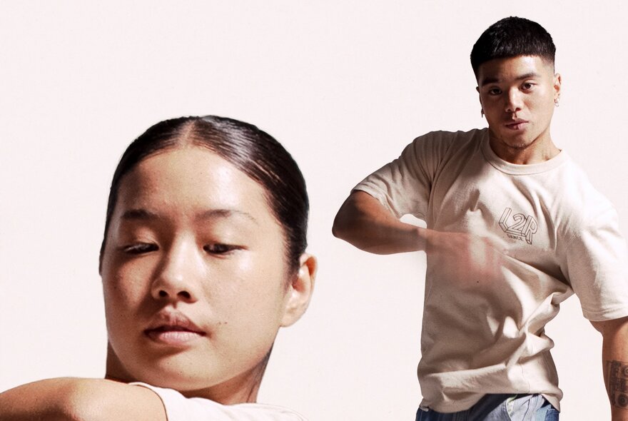 Hip-hop performers bending their arms while dancing.