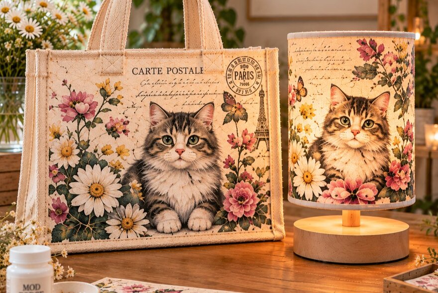 A canvas tote bag and a lampshade decorated with butterflies, and flowers using decoupage techniques.