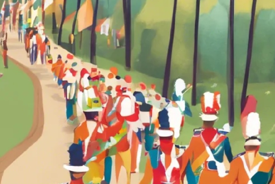 A watercolour artwork of a marching band and people walking together on a path in a garden.