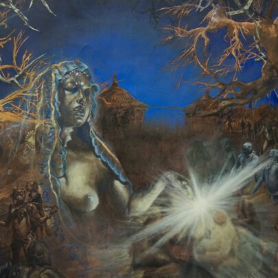 Artwork by artist, Maree Nikimaya, depicting an African woman and her tribe amongst gnarled trees in the desert.