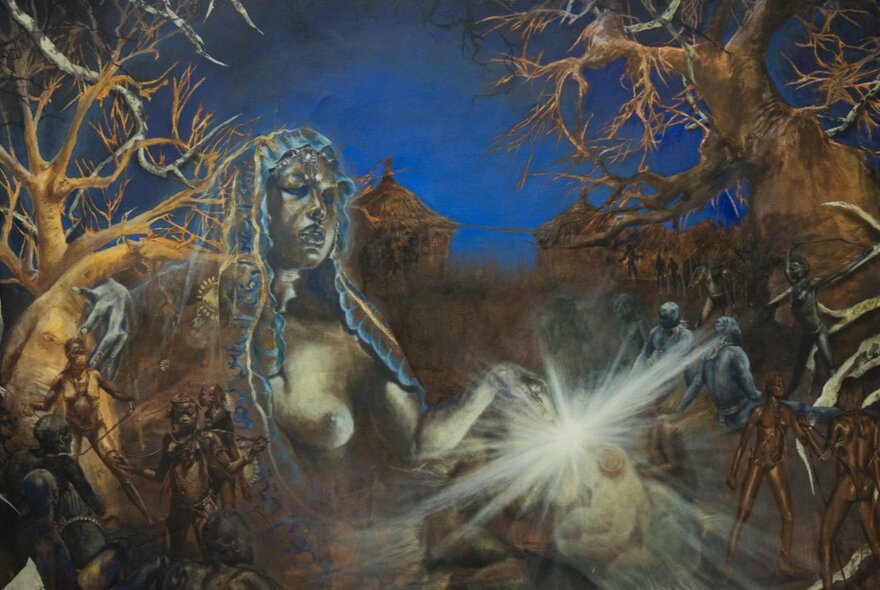 Artwork by artist, Maree Nikimaya, depicting an African woman and her tribe amongst gnarled trees in the desert.