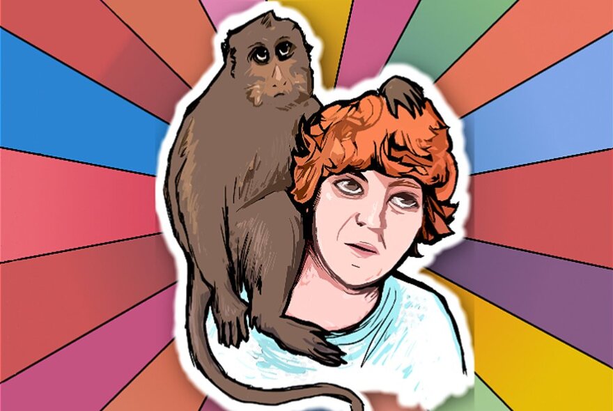 Cartoon style illustration of a monkey on the shoulder of a man with red hair who is wearing a white t-shirt, with a bright prism of rainbow colours in the background.