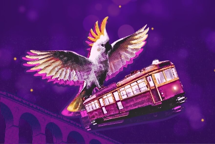 A white cockatoo perched on top of a purple tram.