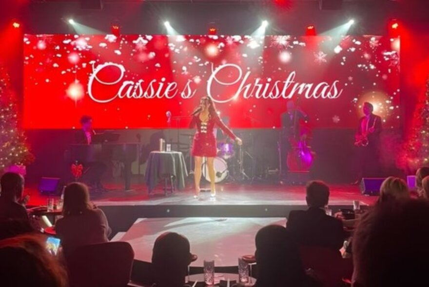 A woman singing on stage to a small audience, a banner on stage saying Cassie's Christmas.