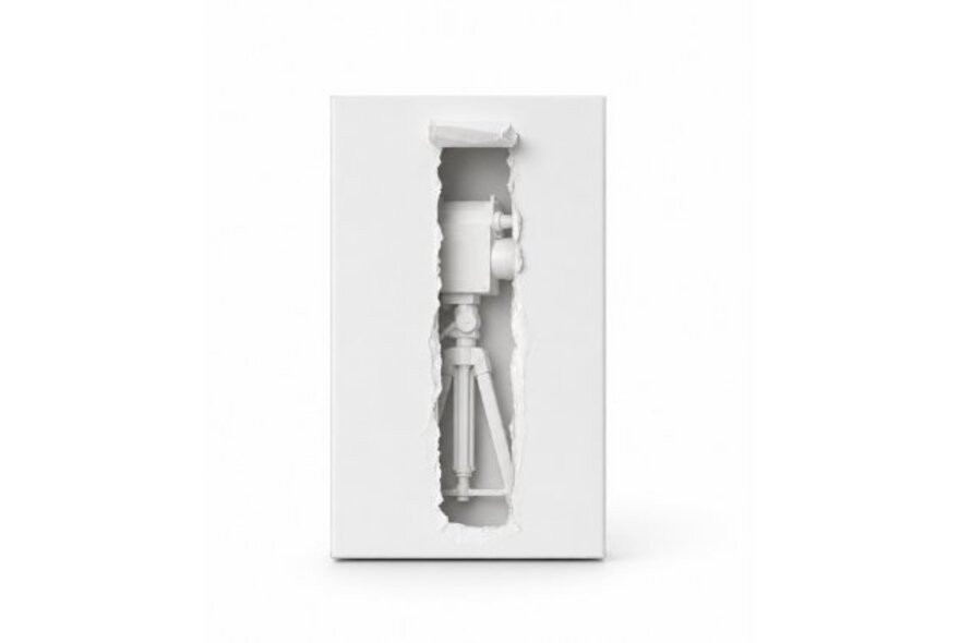 A tall white box with the middle vertical section torn and rolled upwards, showing a white old-fashioned movie camera inside.