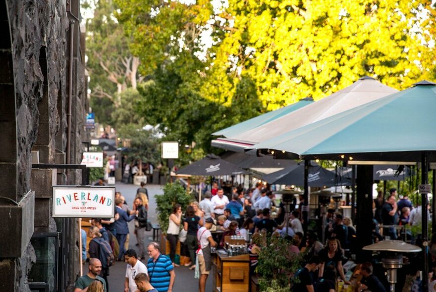 Exterior of Riverland Bar showing patrons seated at outdoor tables under large umbrellas with leafy tress in the background.