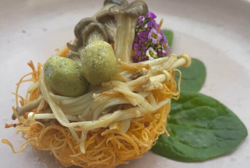 Food on a plate that is zero-waste, includes funghi, noodles and green leaves.