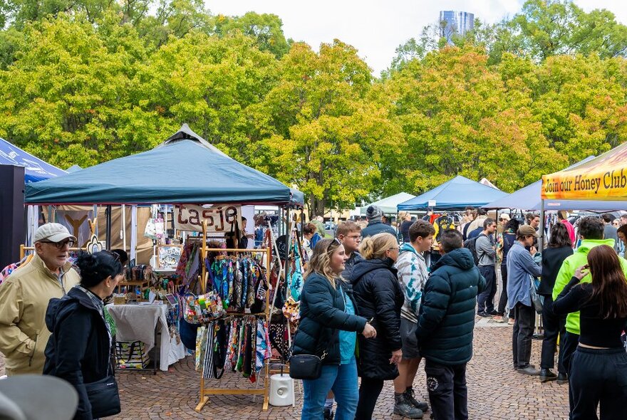 People at an outdoor market in a park with tented stalls. 