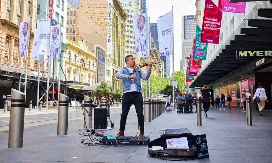 A man playing the violin on the street