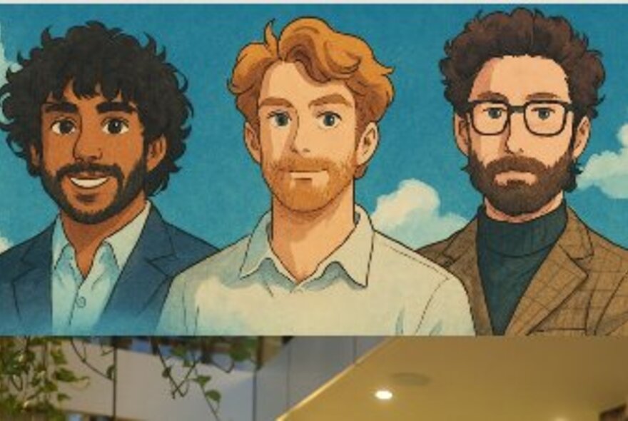 Drawing of three men, one with spectacles, red hair and all with beards.
