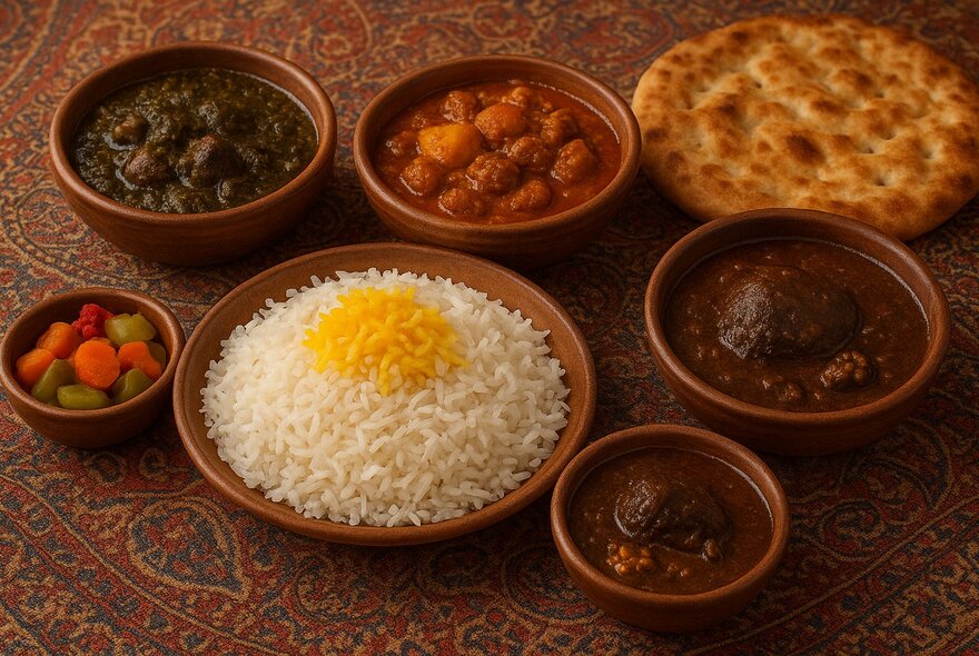 A selection of Persian dishes including rice, curries and flatbreads, all presented in brown earthenware dishes on a Persian carpet.