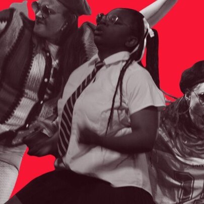Dancers in black and white in dramatic poses against a solid, bright red background.