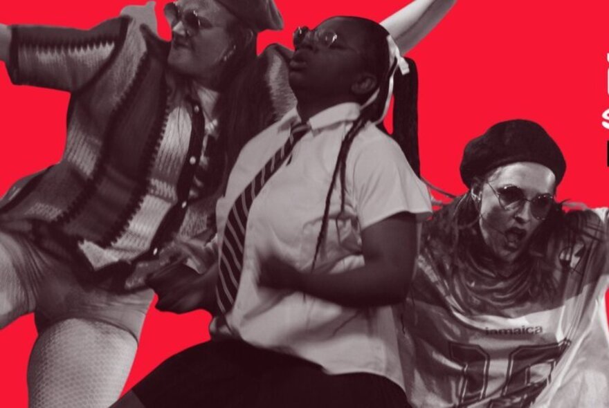 Dancers in black and white in dramatic poses against a solid, bright red background.