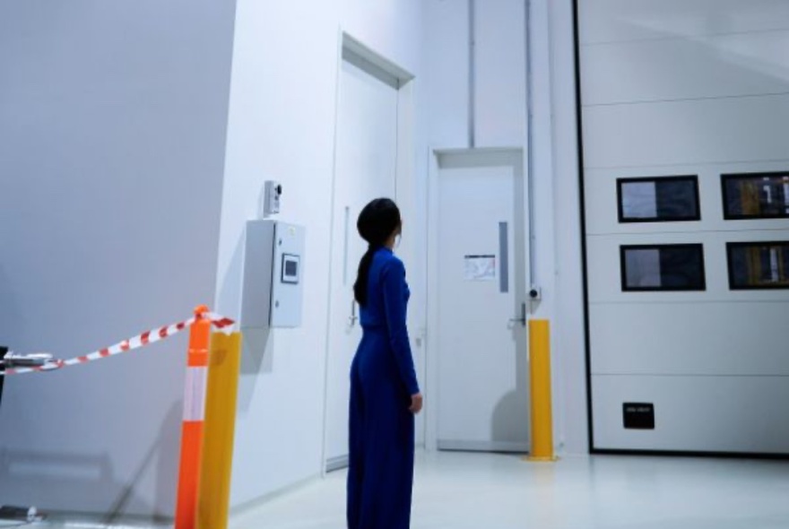 Person wearing a blue top and matching blue pants looking up at the ceiling in a large white room or exhibition space. 