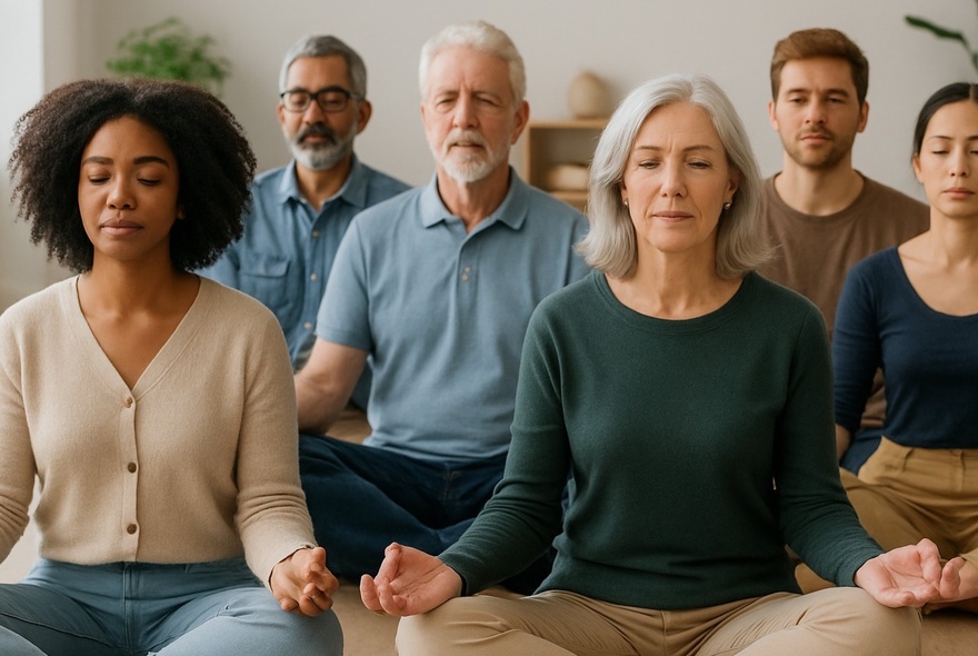 A group of people with eyes closed, sitting cross legged on the floor  practicing meditation.