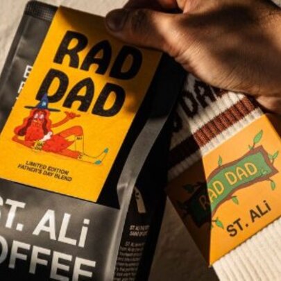 Coffee beans and socks with labels that read 'rad dad'.