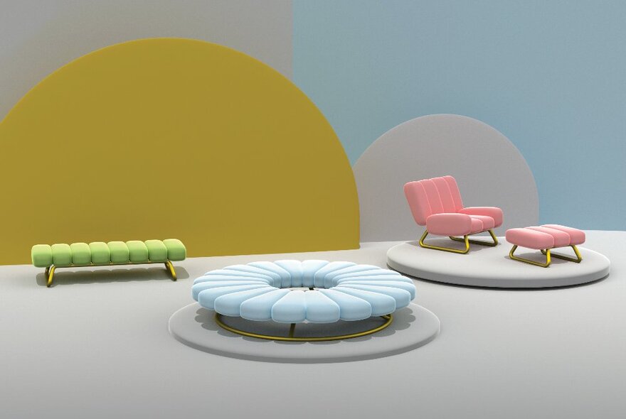 Three pastel coloured modern and design focused items of furniture on display in a large space. 