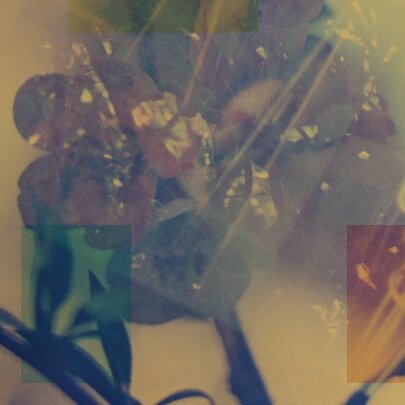 A mixed-media artwork featuring digitally edited imagery on a pale background.