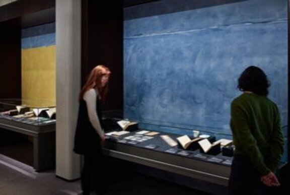Person looking at books in a display in a glass cabinet.