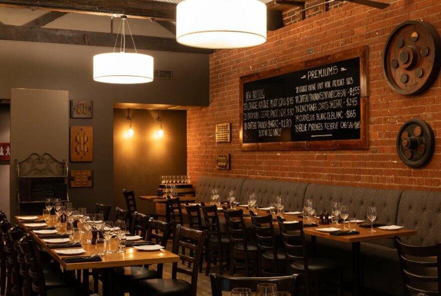 An empty restaurant in dark wood tones with beams on the ceiling and long tables set for service.