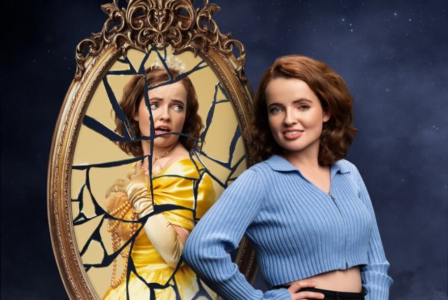 Smiling woman standing with hand on hip in front of a cracked mirror with reflected image of herself as a princess in distress.