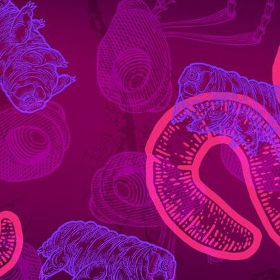Fluorescent pink snakes over purple microbes.