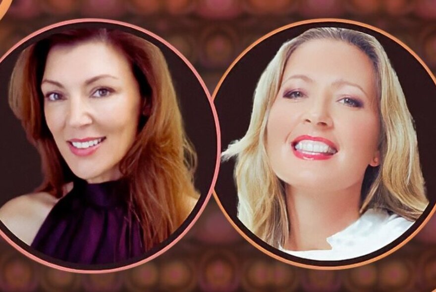 Two female singers in circular layout design, one with long red-brown hair, one blonde; both smiling.