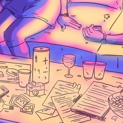 An illustration of a cosy lounge room scene at night, rendered in a vibrant, stylized colour palette of neon purple, pink, orange, and blue hues.