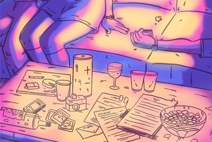 An illustration of a cosy lounge room scene at night, rendered in a vibrant, stylized colour palette of neon purple, pink, orange, and blue hues.