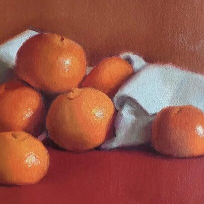 A realist artwork of mandarins nestled in white fabric.
