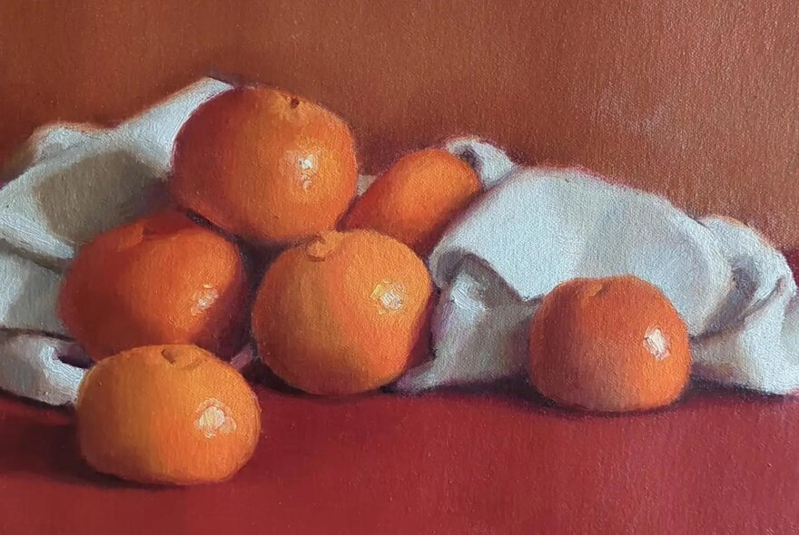 A realist artwork of mandarins nestled in white fabric.