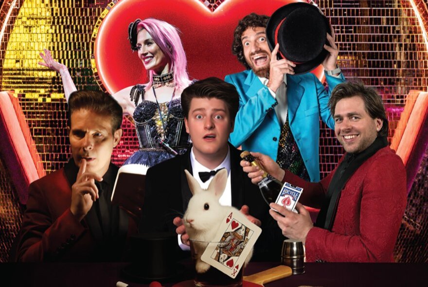 A montage image of five magicians in front of a large disco ball and red heart.