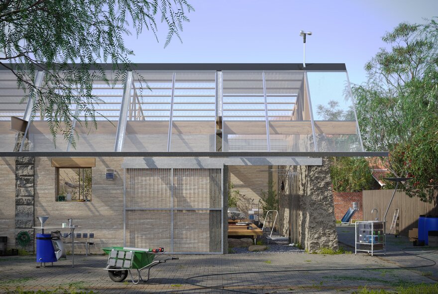 A residential structure features a translucent upper section and a base that combines stone pillars with a central slatted door. In the foreground, a green wheelbarrow and a blue barrel are visible.