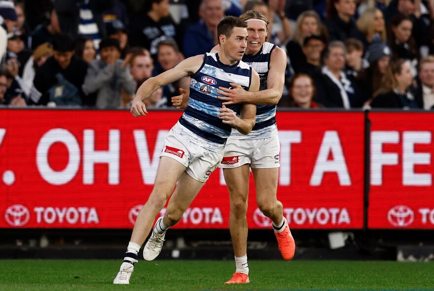 Geelong AFL football players on the field during a match.
