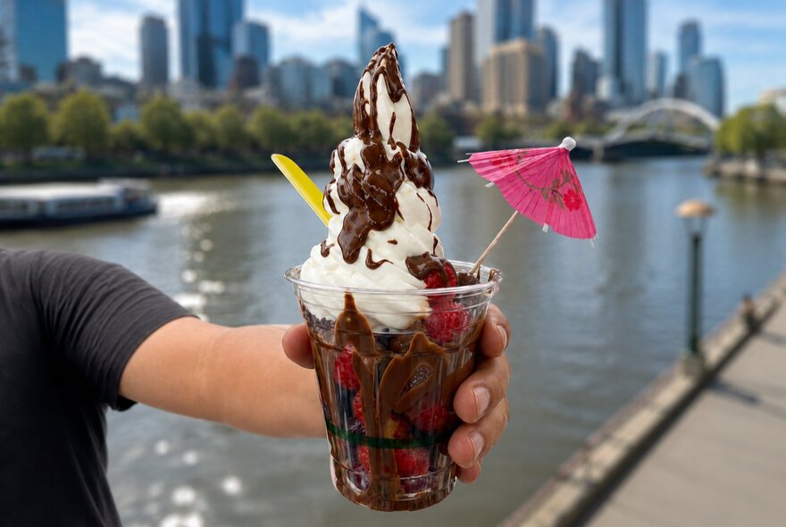 A hand holding up a creamy dessert stacked high in a takeaway cup, against a backdrop of the Yarra River and Melbourne city by day.